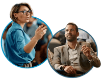Two Nureva audio experts — a woman presenting and a man listening attentively — shown in overlapping circular crops, representing one-on-one AV consultations available at the Nureva InfoComm 2026 booth.