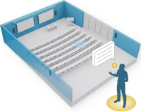 3D diagram of a large auditorium-style room with tiered seating and Nureva HDX audio bars mounted on the walls, illustrating full-room audio coverage for the HDX on Tour event.