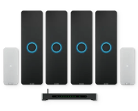 Full Nureva HDX series product lineup showing four wall-mounted audio bars with blue rings, two microphone pods and a system hub on a white background